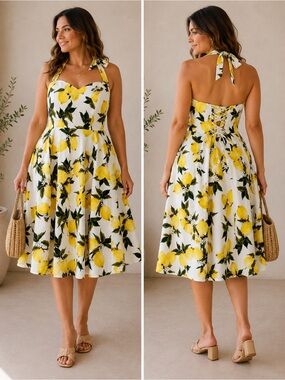 Lemon Print Halter Corset Back Midi Dress Cottagecore Garden Party 3X Top Dress